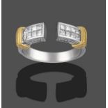 A Diamond Cuff Ring, a white textured band terminates to four pairs of princess cut diamond ends