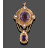 An Amethyst and Cultured Pearl Pendant/Brooch, a round cut amethyst in a yellow rubbed over