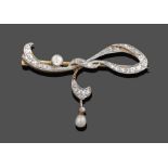 An Edwardian Diamond and Cultured Pearl Brooch, the ribbon motif set throughout with eight-cut and