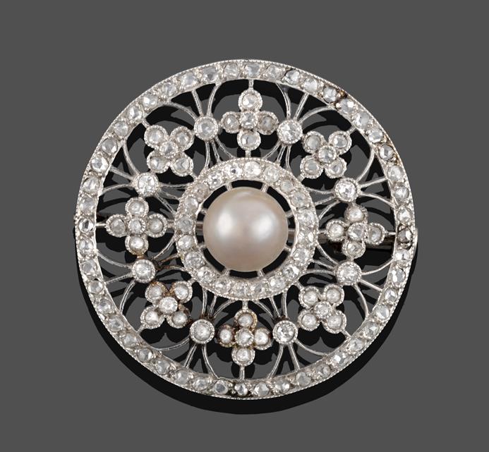 An Edwardian Diamond and Cultured Pearl Brooch, the cultured pearl within an old cut and rose cut