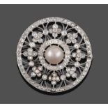 An Edwardian Diamond and Cultured Pearl Brooch, the cultured pearl within an old cut and rose cut