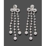 A Pair of Diamond Drop Earrings, a bow motif set throughout with round brilliant cut diamonds