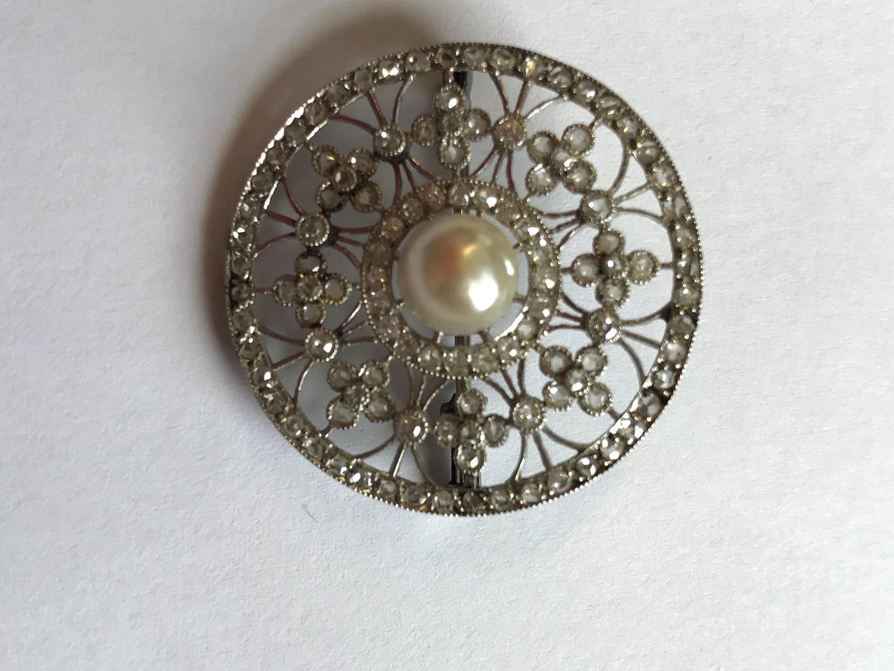 An Edwardian Diamond and Cultured Pearl Brooch, the cultured pearl within an old cut and rose cut - Image 2 of 5