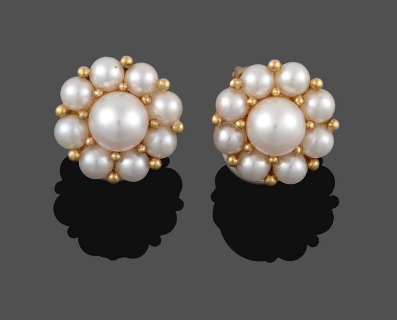 A Pair of 9 Carat Gold Cultured Pearl Cluster Earrings, a cultured pearl within a border of