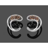 A Pair of 18 Carat Gold Diamond Earrings, the double row swirl motif with rose gold detail joining