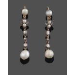 A Pair of Victorian Pearl and Diamond Drop Earrings, a pearl suspends a cluster of two pearls and