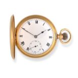 An 18 Carat Gold Full Hunter Keyless Pocket Watch, 1918, lever movement, enamel dial with Roman