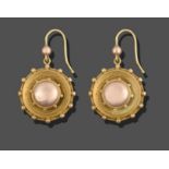 A Pair of Victorian Drop Earrings, of circular form with a domed centre, to a frame decorated with
