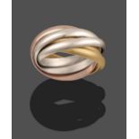 A Trinity Ring, by Cartier, five entwined yellow, rose and white bands, finger size N see