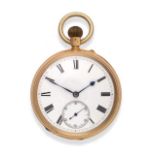 An 18 Carat Gold Open Faced Keyless Pocket Watch, 1893, lever movement, enamel dial with Roman