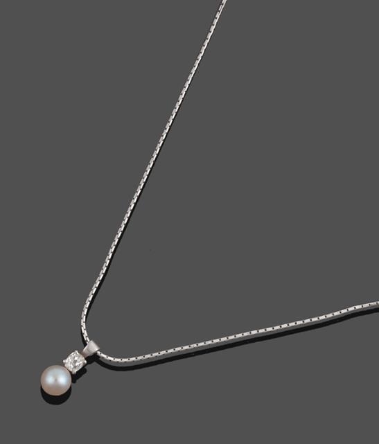 A Diamond and Cultured Pearl Pendant on An 18 Carat White Gold Chain, an old cut diamond in a