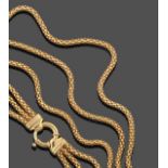 A Fancy Link Necklace, formed of three rows gathered to a large yellow bolt ring clasp, length