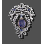 A Synthetic Sapphire and Diamond Garland Brooch, with bow, foliate and swag motifs, measures 3.5cm