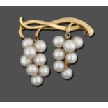 A Cultured Pearl Brooch, by Mikimoto, two intertwined gold bars suspend two clusters of cultured