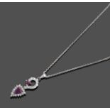 A Ruby and Diamond Pendant on An 18 Carat White Gold Chain, a trilliant cut ruby to a swirl motif of