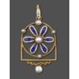 An Enamel and Cultured Pearl Pendant, a blue and white enamel bale suspends a blue and white