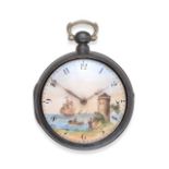 A Silver Pair Cased Verge Pocket Watch with a Painted Seascape Shipping Scene Dial, signed J.