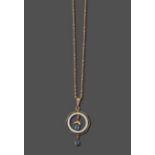 An Art Deco Sapphire and Mother-of-Pearl Pendant on Chain, a yellow octagonal frame encloses a