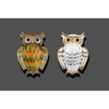 Two Enamel Owl Brooches, by David Andersen, the first guilloché enamelled in white and grey with