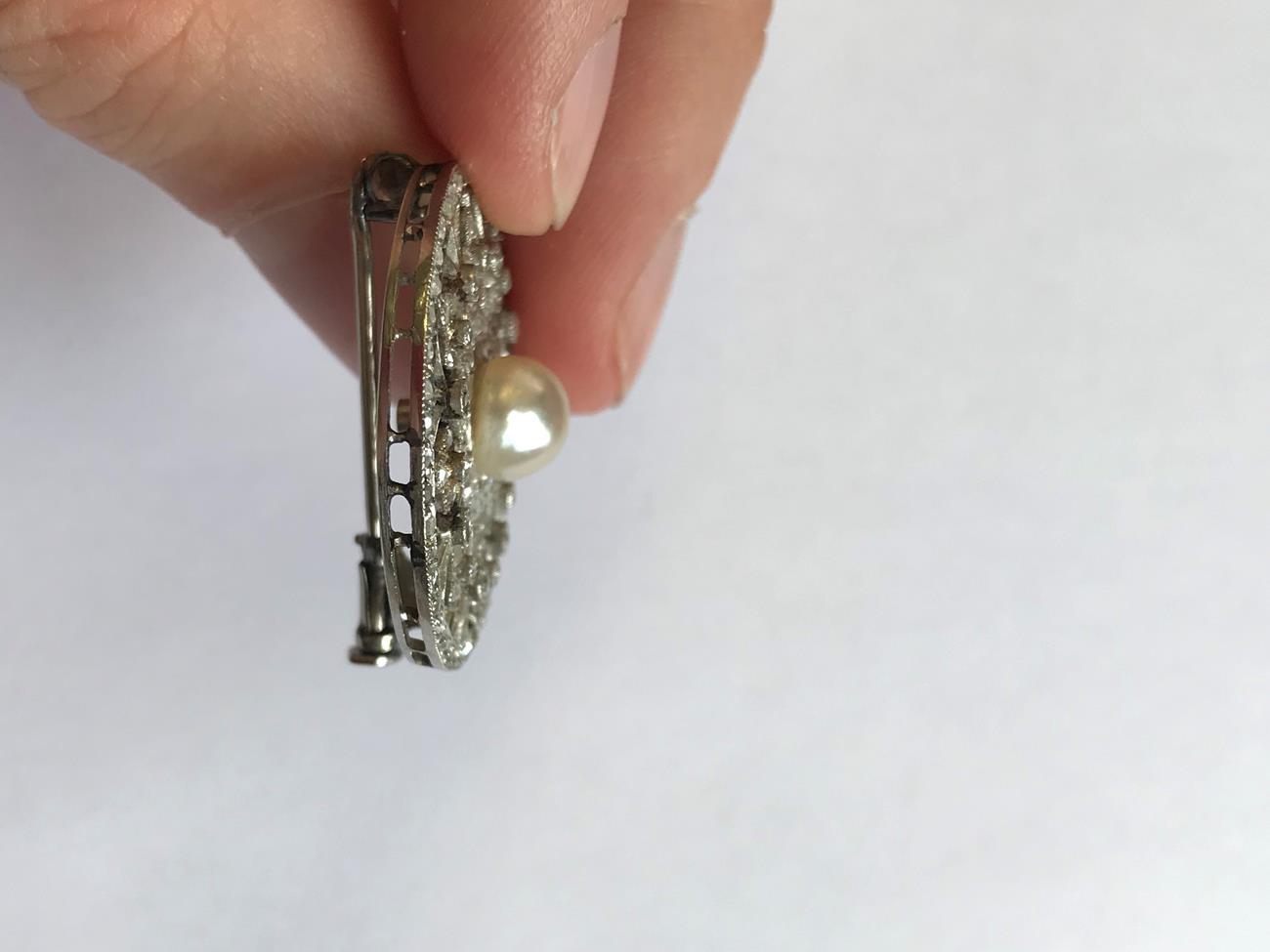 An Edwardian Diamond and Cultured Pearl Brooch, the cultured pearl within an old cut and rose cut - Image 3 of 5