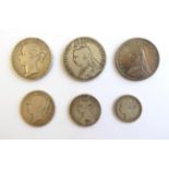 Victoria, 6 x Silver Coins comprising: crown 1847 XI obv. contact marks & graffiti on Queen's