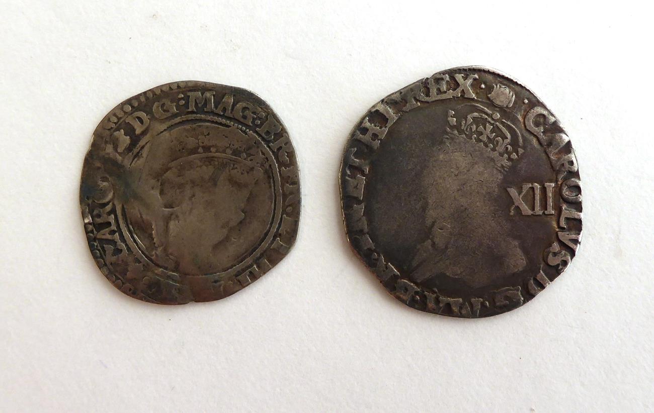 Charles I Shilling Tower under the King round garnished shield mm Tun 1636-38 S2791 and Sixpence