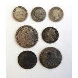 William III Shilling 1697, Sixpence, Queen Anne Fourpence 1708 S3595A, George II Shilling 1741 roses