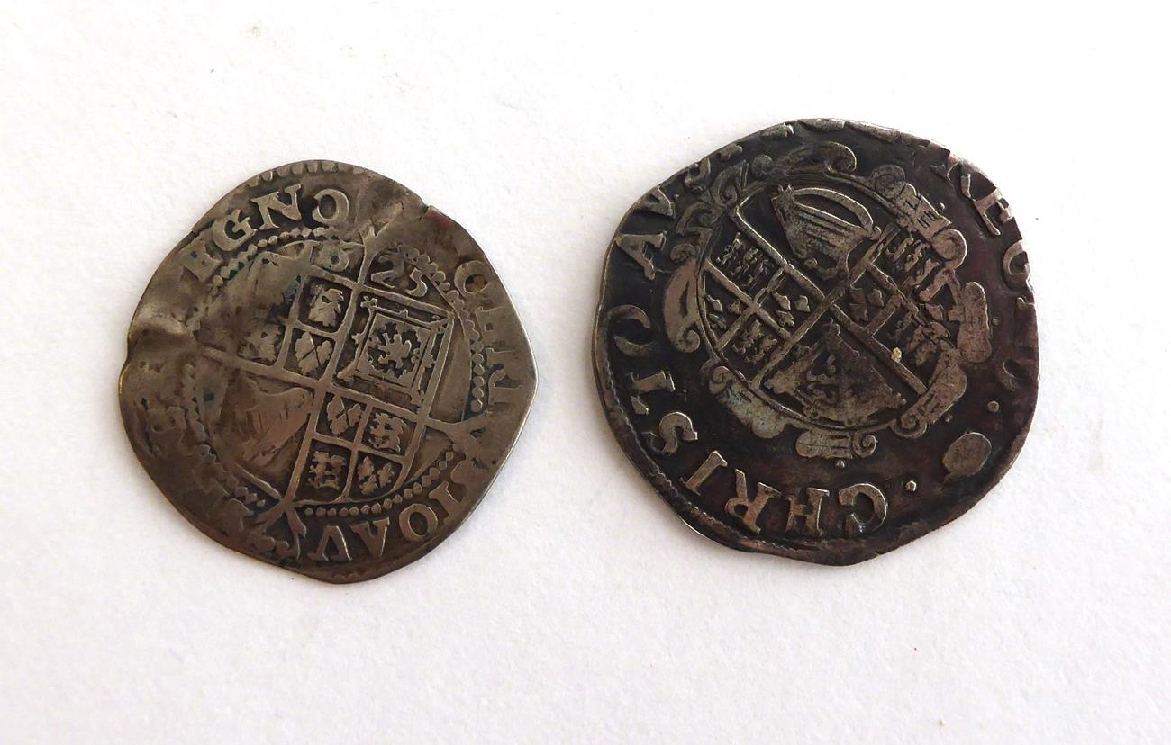 Charles I Shilling Tower under the King round garnished shield mm Tun 1636-38 S2791 and Sixpence - Image 2 of 2