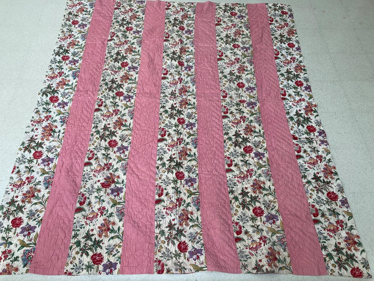 Early 20th Century Decorative Strippy Quilt, incorporating stripes of pale pink and coloured flowers