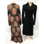 Circa 1930s Black Chiffon Printed Evening Dress, with floral and gold spot woven decoration, long