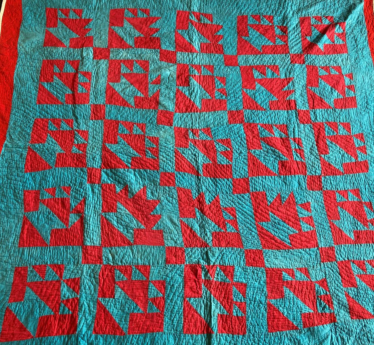 South West American Patchwork Quilt made by the Navajo Indian Tribe, using striking turquoise and