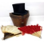 A Lock & Co Black Silk Top Hat, in brown leather mounted hat box; and Two Fans comprising a faux