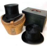 Dunn & Co Black Silk Top Hat, in a brown leather top hat case with red fabric lining; Austin Reed