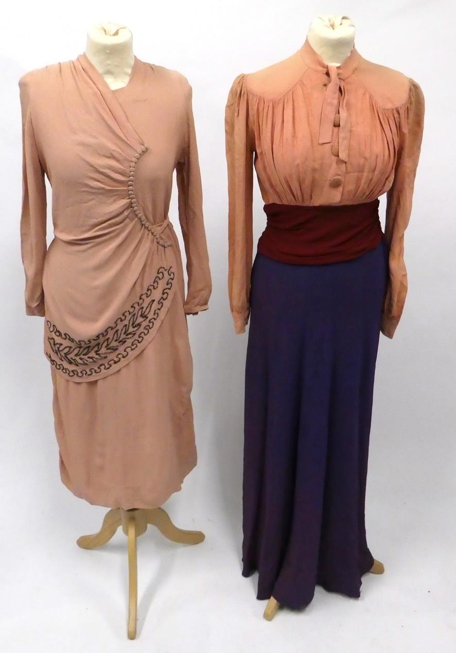 Assorted 1930/1940s Evening and Cocktail Dresses, including a crepe full length dress in pale