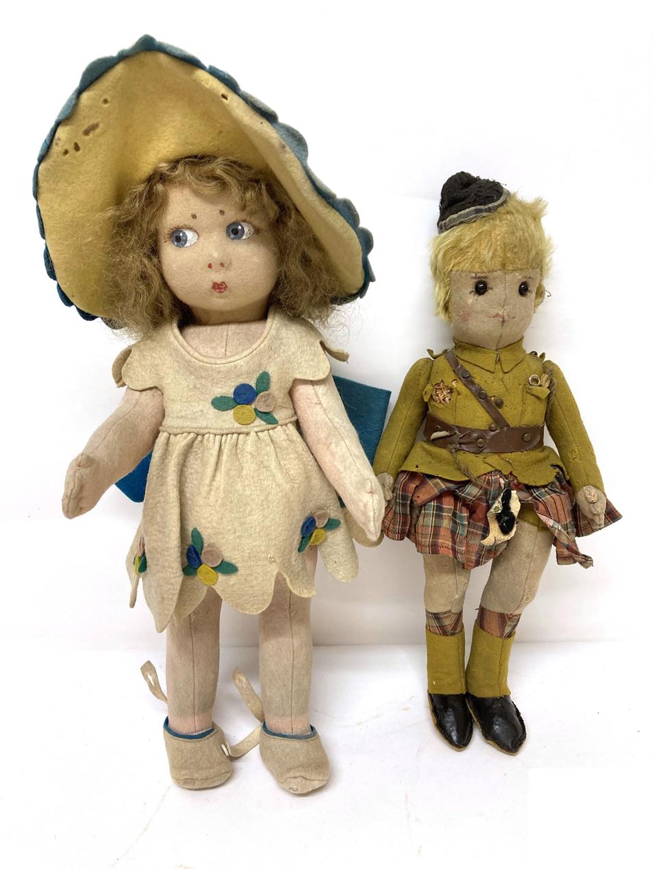 Early 20th Century Steiff Felt Scottish Soldier Doll, with centre seam to face, blond hair, felt