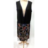 Circa 1920s Black Silk Shift Dress, with deep V to the front trimmed with blue and silver beads, the