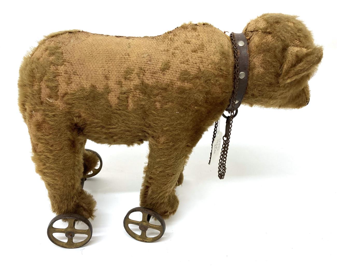 An Early 20th Century Steiff Pull Along Bear on Wheels, with jointed head, boot button eyes, - Image 3 of 4