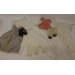 Assorted Textiles and Dolls' Costume, including a cream silk long sleeved dress with collar and
