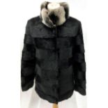 Odos Imperija Shaved Black Mink Striped Jacket with a Grey Chinchilla Collar, side pockets and