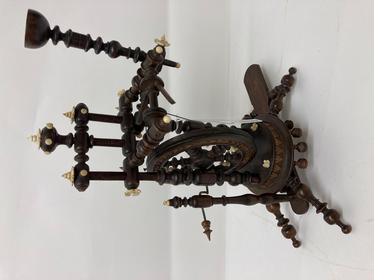 Circa 1900 Black Forest Treen Miniature Spinning Wheel, with baluster turned uprights and carved - Image 2 of 2