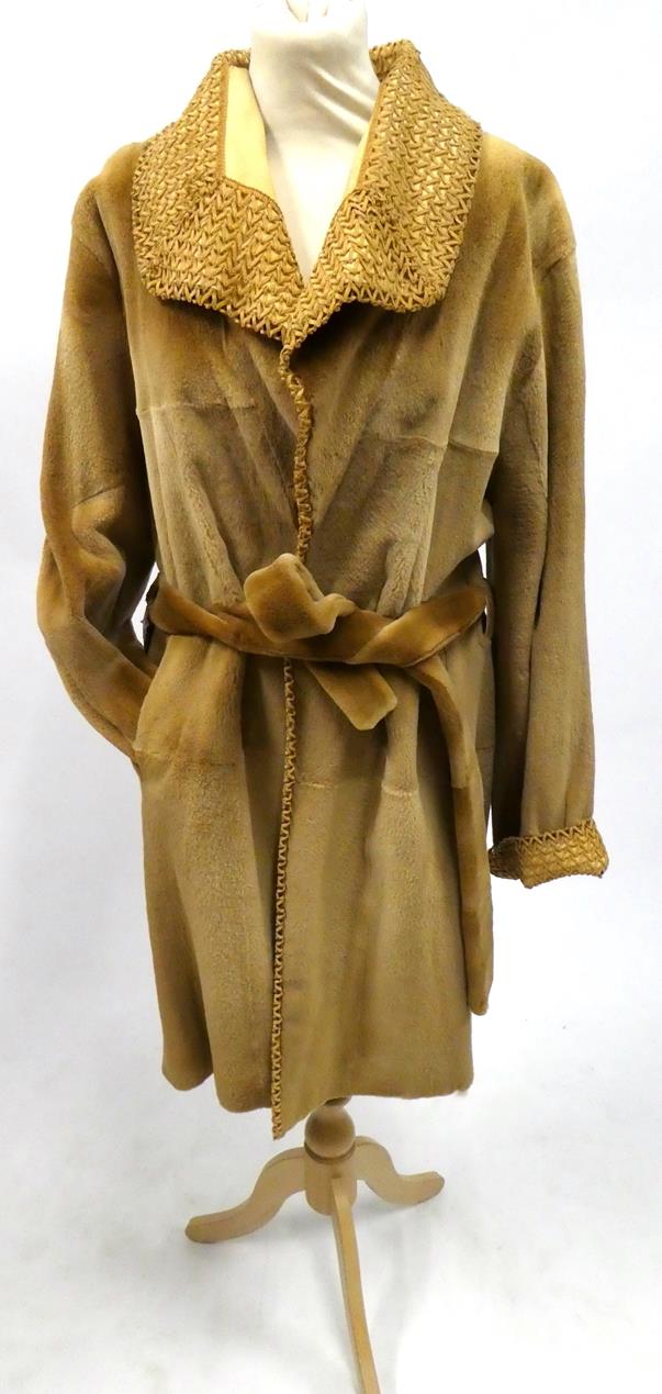 A Saga Camel Coloured Shaved Mink Coat, with suede lattice detail to cuffs, collar and fall, with