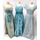 Circa 1950s Ladies' Evening Dresses, comprising Sambo Fashions pale blue brocade dress with