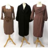 Circa 1940s Day Dresses and Coats, including a Lawrence Hill red crepe short sleeved dress with bead