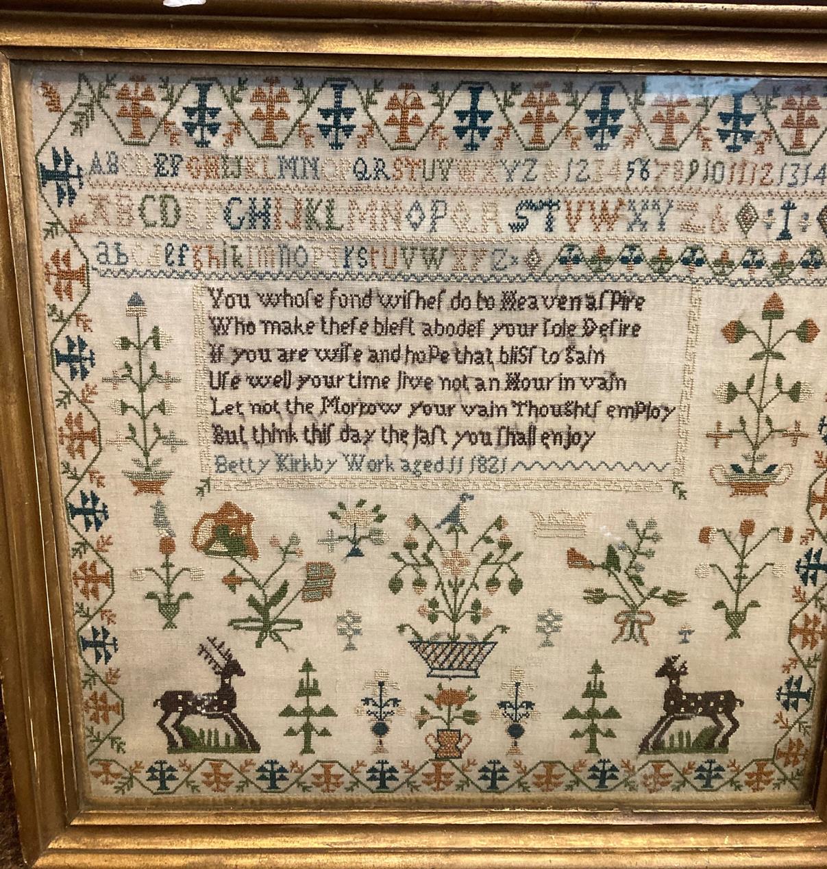 Alphabet Sampler Worked by Betty Kirkby Aged 11 Dated 1821, worked in cross stitch with central