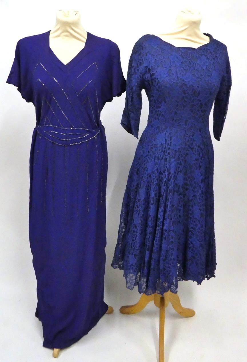 Assorted 1930/1940s Evening and Cocktail Dresses, including a crepe full length dress in pale - Image 4 of 5