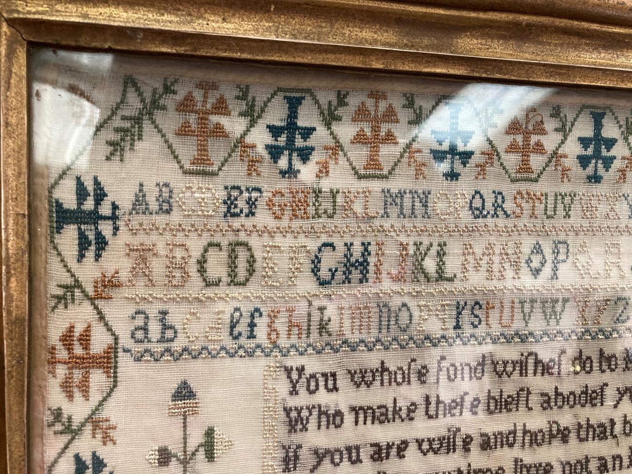 Alphabet Sampler Worked by Betty Kirkby Aged 11 Dated 1821, worked in cross stitch with central - Image 7 of 8