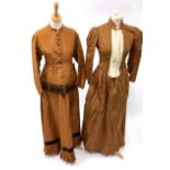19th Century Brown Silk Two Piece, comprising a fitted bodice with long sleeves, full skirt, with