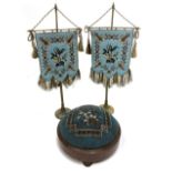 Pair of Late 19th Century Blue Floral Bead Work Table Top Face Screens, of floral design on a