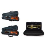 Violin 14'' two piece back, student instrument by Primavera, cased with bow; together with half size