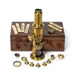 Brass Drum Microscope with rack and pinion focusing (teeth damaged) and concave mirror, in